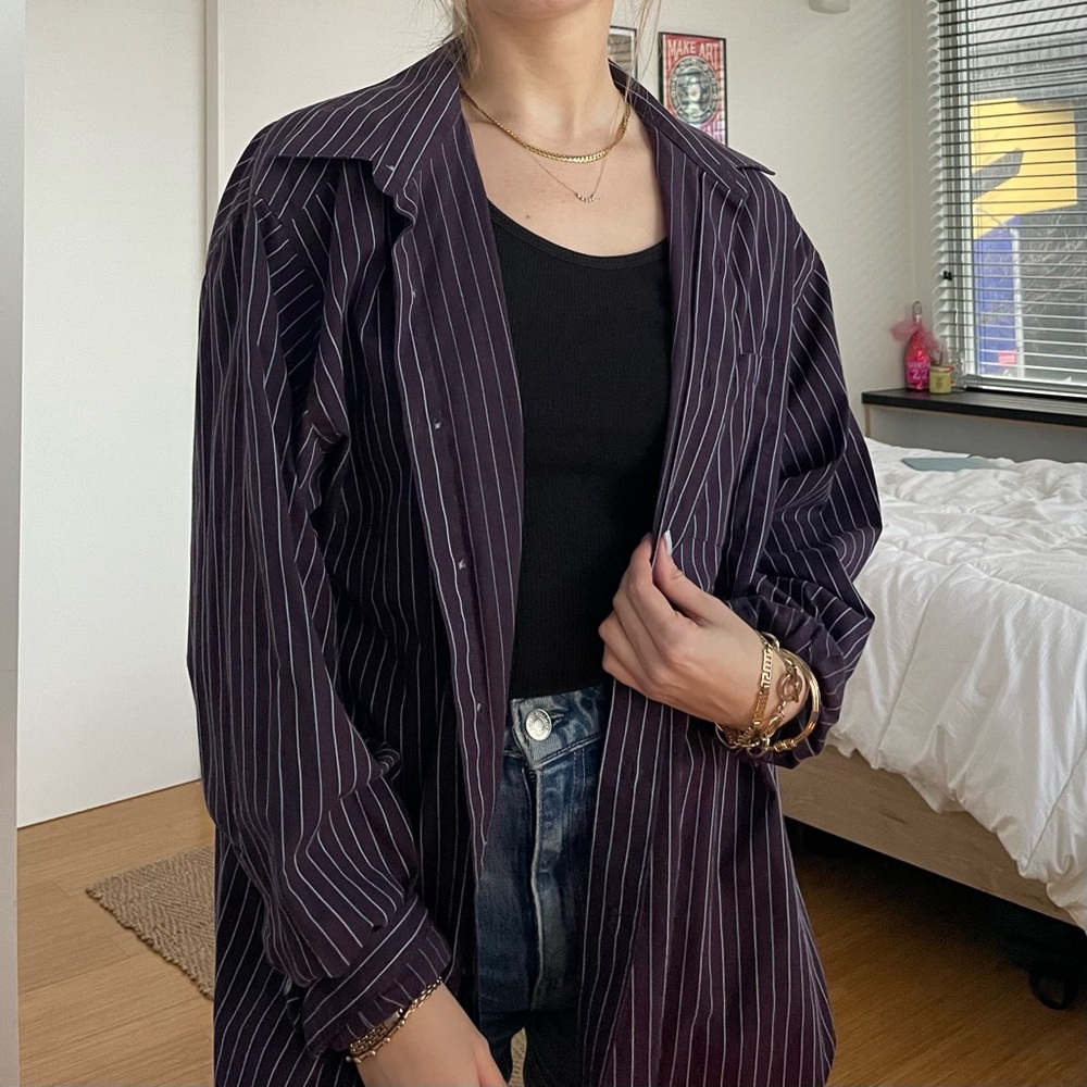 purple pin striped button down